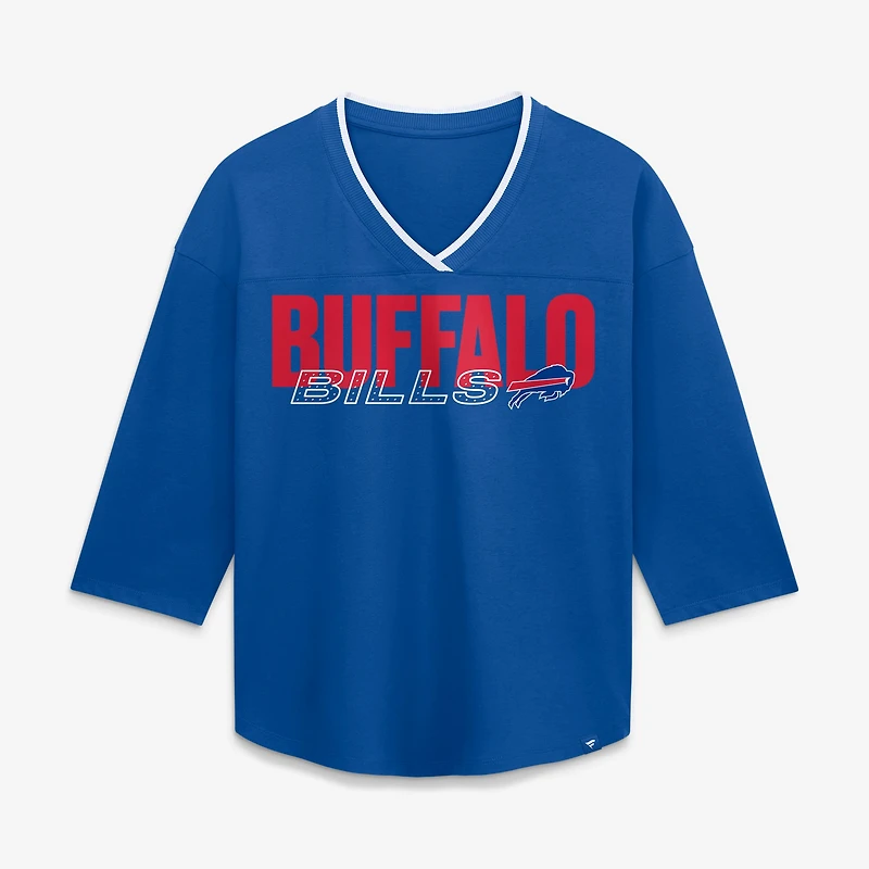 T-shirt à manches 3/4 et col en V pour femmes Fanatics Royal Buffalo Bills, grande taille, modèle Deceptive Juke