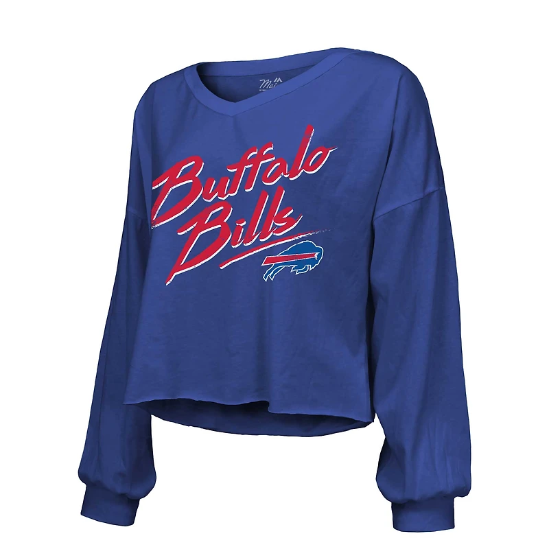 Women's Majestic Threads Josh Allen Royal Buffalo Bills Name & Number Off-Shoulder Script Cropped Long Sleeve Relaxed V-Neck T-Shirt