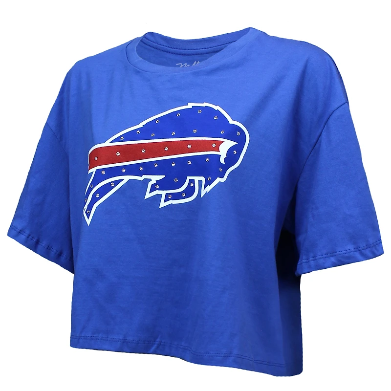 Women's Majestic Threads Josh Allen Royal Buffalo Bills Swarovski Crystals Boxy Cropped Name & Number T-Shirt