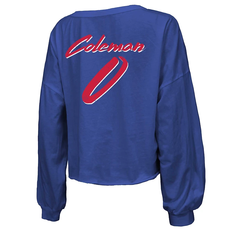 Women's Majestic Threads Keon Coleman Royal Buffalo Bills Name & Number Off-Shoulder Script Cropped Long Sleeve V-Neck T-Shirt