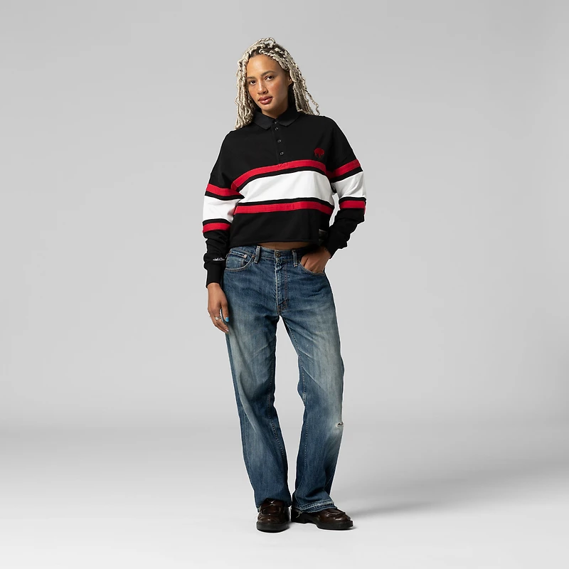 Women's Mitchell & Ness  Black Buffalo Bills Throwback Cropped Long Sleeve Rugby Polo