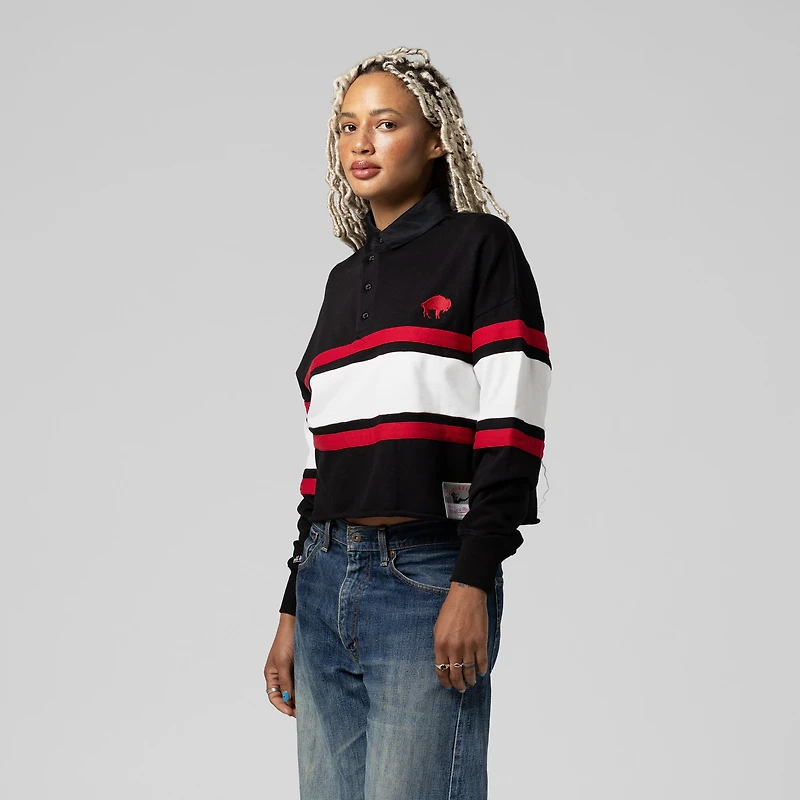 Women's Mitchell & Ness  Black Buffalo Bills Throwback Cropped Long Sleeve Rugby Polo