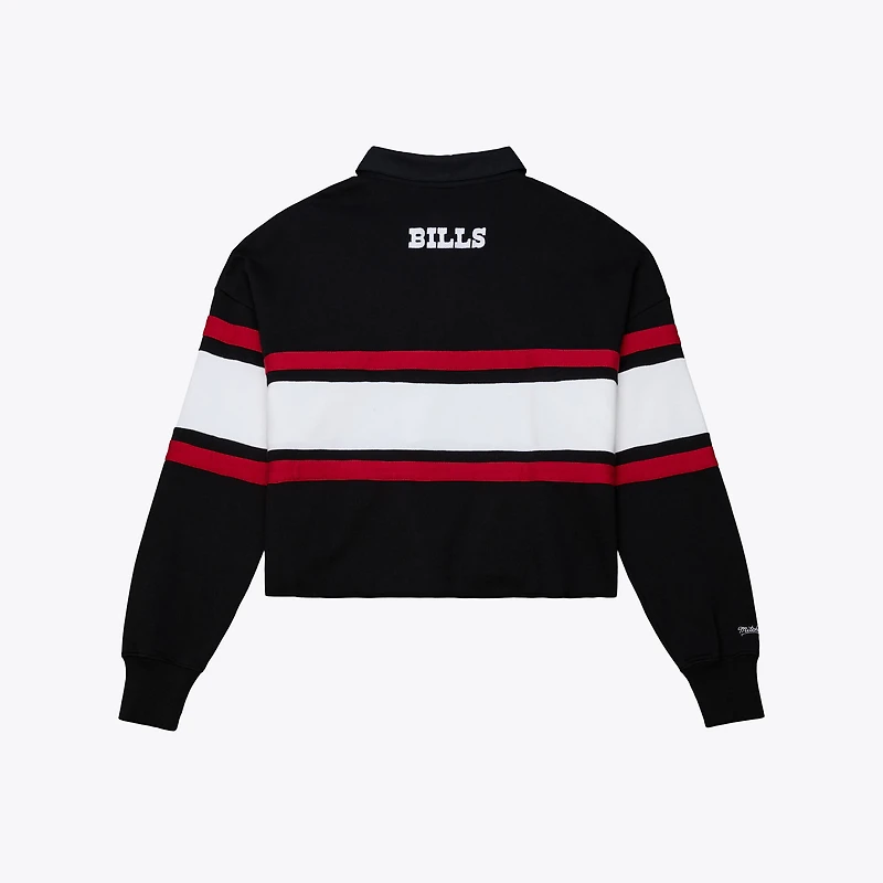 Women's Mitchell & Ness  Black Buffalo Bills Throwback Cropped Long Sleeve Rugby Polo
