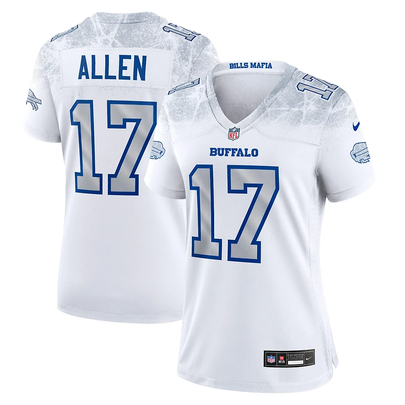 Maillot Nike Josh Allen blanc pour femme, collection Rivalries 2025 des Buffalo Bills