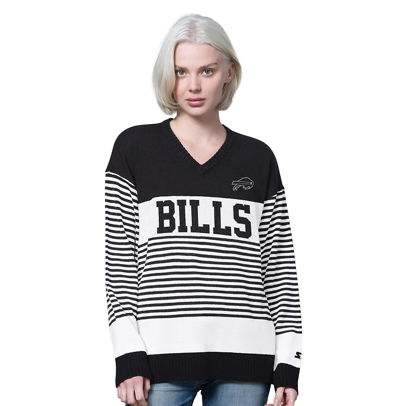 Pull rayé à col en V pour femme, modèle Starter Black Buffalo Bills No Huddle