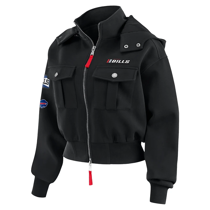 Veste à capuche courte et zippée entièrement doublée poches plaquées Buffalo Bills noire WEAR by Erin Andrews pour femme