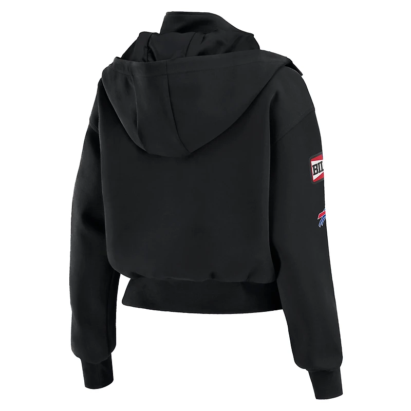 Women's WEAR by Erin Andrews  Black Buffalo Bills Tri-Blend Patch Pocket Cropped Full-Zip Bomber Hoodie Jacket