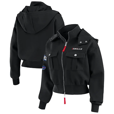 Women's WEAR by Erin Andrews  Black Buffalo Bills Tri-Blend Patch Pocket Cropped Full-Zip Bomber Hoodie Jacket