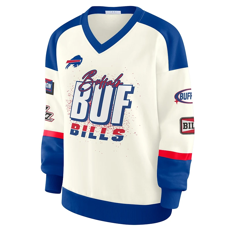 Women's WEAR by Erin Andrews  Cream Buffalo Bills Racing Crew V-Neck Sweatshirt
