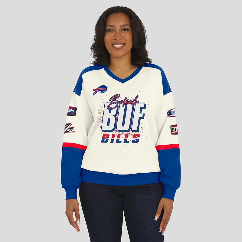 Women's WEAR by Erin Andrews  Cream Buffalo Bills Racing Crew V-Neck Sweatshirt