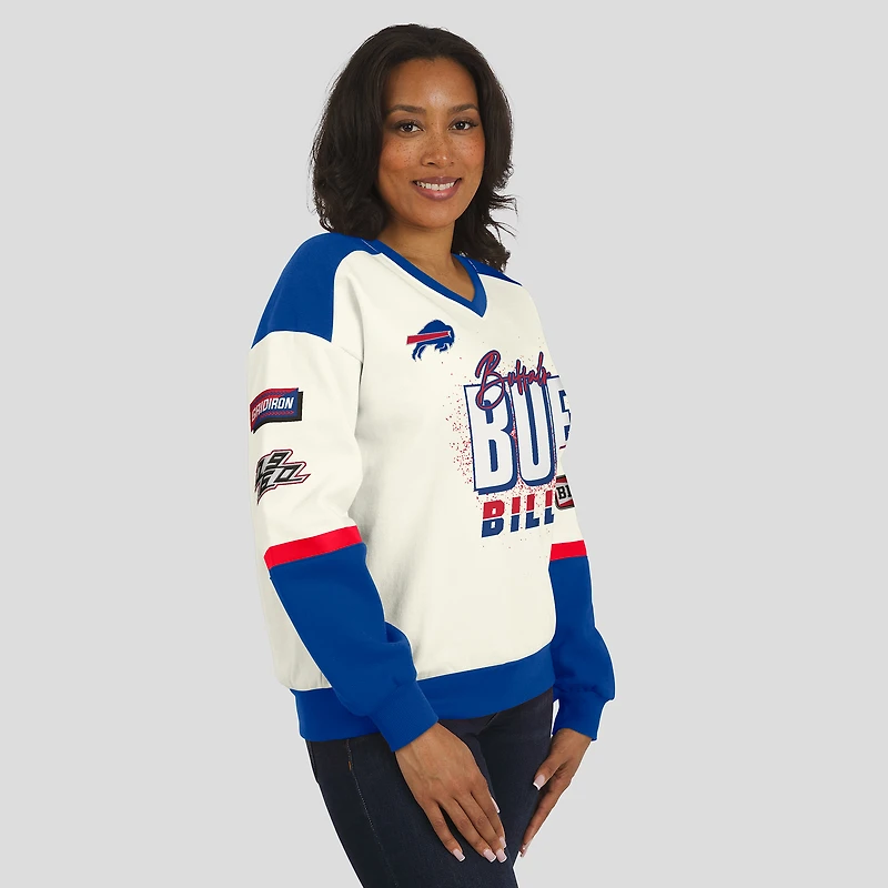 Women's WEAR by Erin Andrews  Cream Buffalo Bills Racing Crew V-Neck Sweatshirt