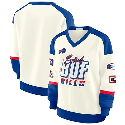 Women's WEAR by Erin Andrews Cream Buffalo Bills Racing Crew V-Neck Sweatshirt