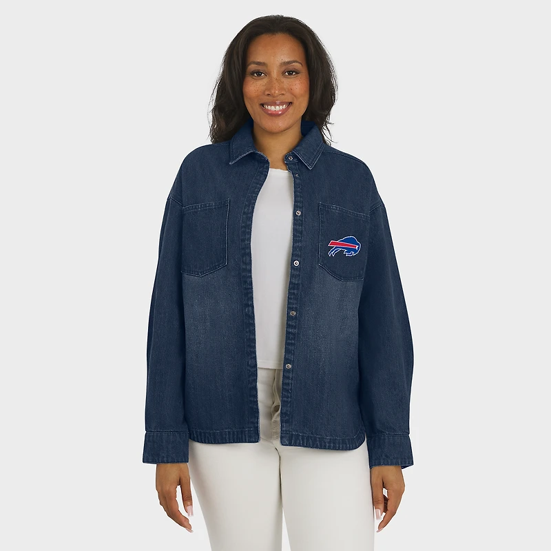 Women's WEAR by Erin Andrews Denim Buffalo Bills Washed Oversized Full-Snap Shacket