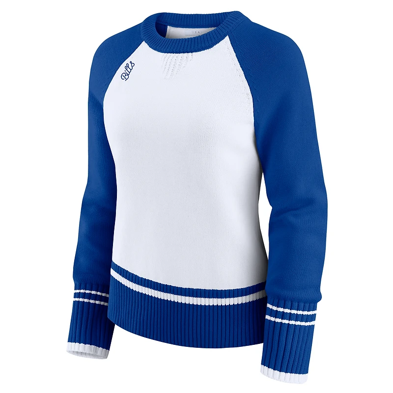 Pull raglan colorblock blanc/bleu royal Buffalo Bills pour femme par Erin Andrews