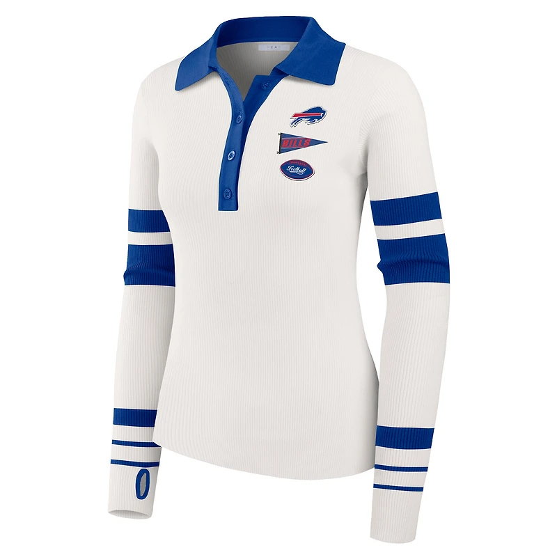 Women's WEAR by Erin Andrews White Buffalo Bills Ribbed Henley Polo Sweater