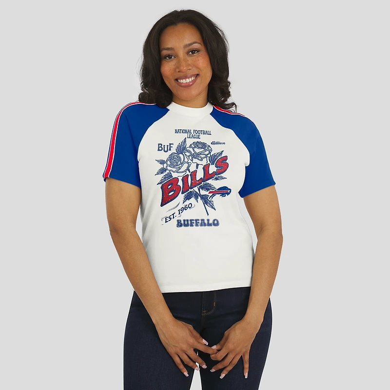 Women's WEAR by Erin Andrews White Buffalo Bills Sleeve Stripe Distressed Raglan T-Shirt