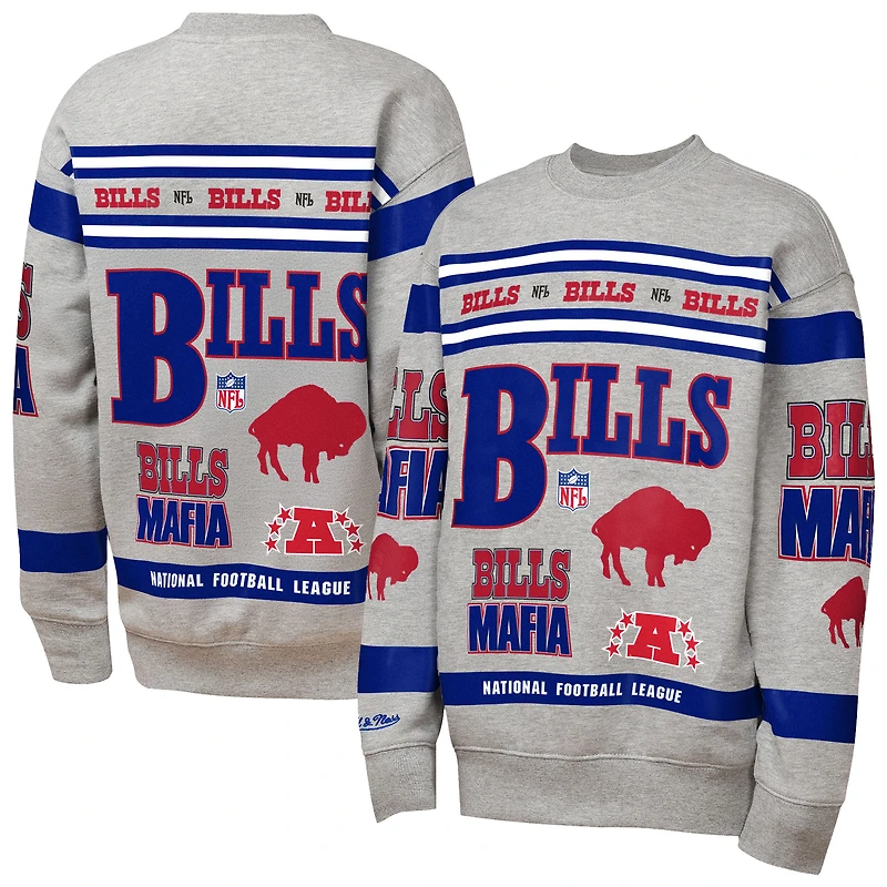 Youth Mitchell & Ness Gray Buffalo Bills Throwback All-Over Print Fleece Sweatshirt