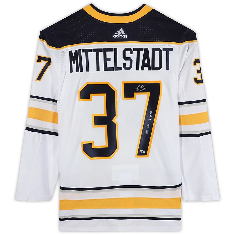 Casey Mittelstadt Buffalo Sabres Autographed White Adidas Authentic Jersey with "NHL Debut 3/29/18" Inscription