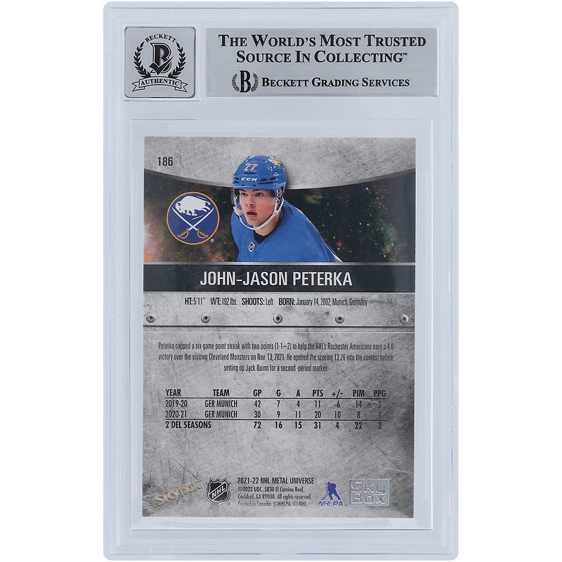 JJ Peterka Buffalo Sabres Autographed 2021-22 Upper Deck Skybox Metal Universe #186 Beckett Fanatics Witnessed Authenticated 10 Rookie Card