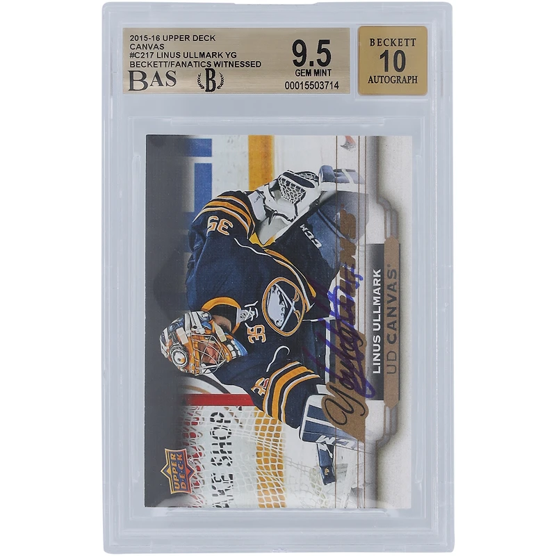 Carte de recrue autographiée 9,5/10 de Linus Ullmark Buffalo Sabres 2015-16 Upper Deck Young Guns #C217 Beckett Fanatics Witnessed Authenticated