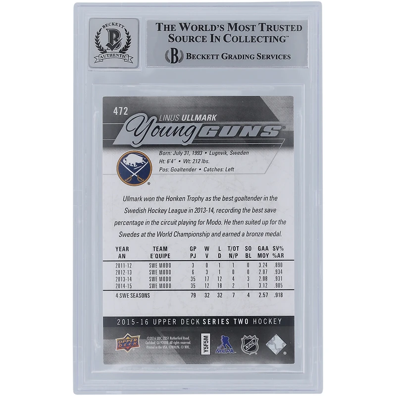 Carte de recrue autographiée 2015-16 Upper Deck Young Guns #472 Beckett Fanatics Witnessed Authenticated 10 Rookie par Linus Ullmark Buffalo Sabres
