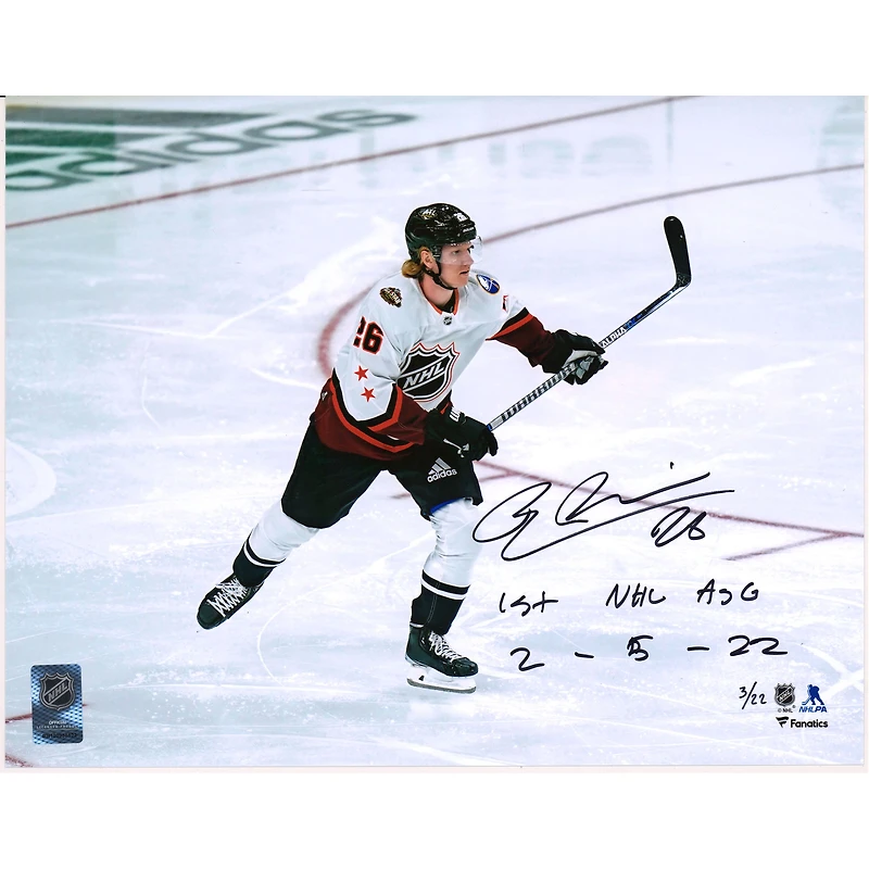 Photo de patinage autographiée de Rasmus Dahlin (Sabres de Buffalo), 11 x 35,5 cm, prise lors du Match des étoiles 2022. Inscription : « 1er Match des étoiles de la LNH, 5 février 2022 ». Édition limitée à 22 exemplaires.