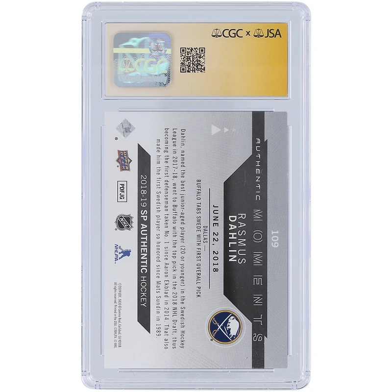 Rasmus Dahlin Buffalo Sabres Autographié 2018-19 Upper Deck SP Authentique #109 CGC Fanatics Witnessed Authentifié Auto 10 Rookie Card