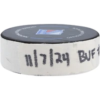 Sam Lafferty Buffalo Sabres Game-Used Goal Puck from November 7, 2024 vs. New York Rangers 