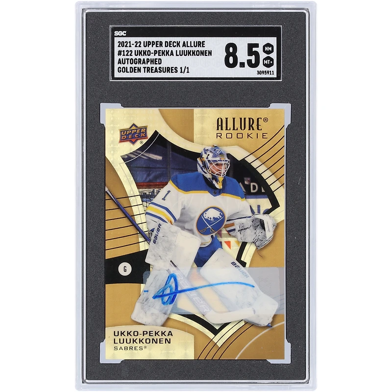 Carte recrue 8.5 authentifiée Upper Deck Allure Golden Treasures #122 #1/1 SGC autographiée par Ukko-Pekka Luukkonen Buffalo Sabres 2021-22