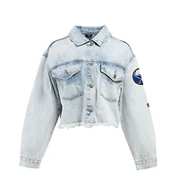Veste en jean courte boutonnée à bords francs et ourlet brut chenille de la marque Hype and Vice Denim Buffalo Sabres pour femme
