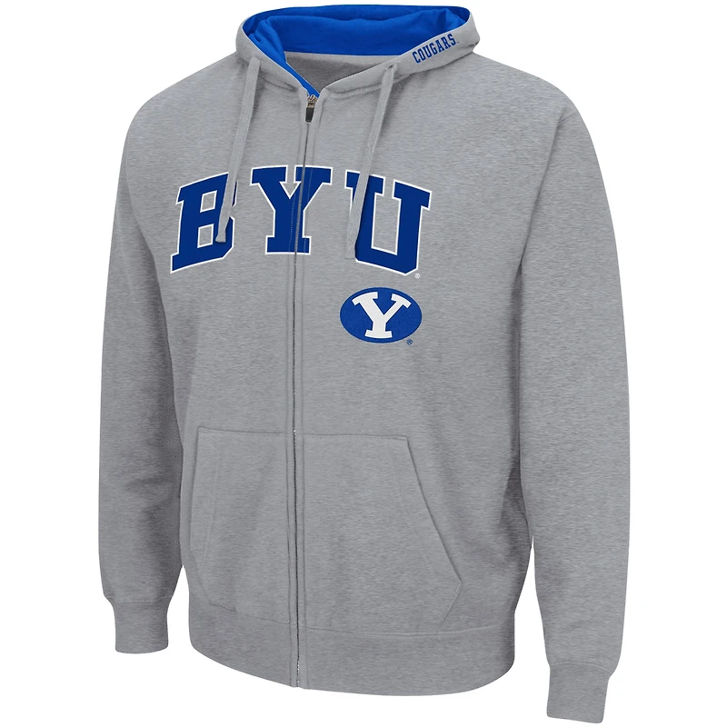 Sweat à capuche zippé complet Colosseum gris chiné BYU Cougars Arch & Logo pour homme