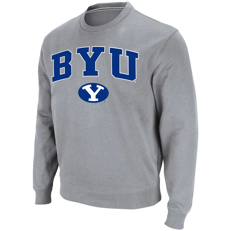 Colosseum Heathered Grey BYU Cougars Team Arch & Logo Tackle Twill Pullover Sweatshirt Homme