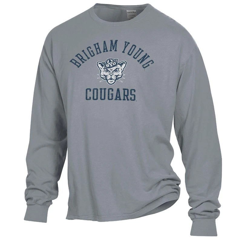 T-shirt à manches longues pour homme ComfortWash gris avec logo BYU Cougars Arch, teint en pièce