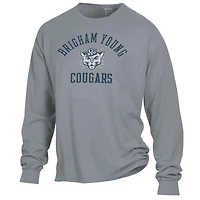 T-shirt à manches longues pour homme ComfortWash gris avec logo BYU Cougars Arch, teint en pièce