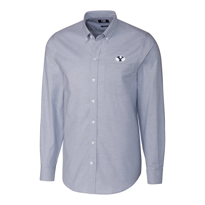 Chemise à manches longues boutonnée Cutter & Buck bleu clair BYU Cougars pour homme, grande taille, en tissu Oxford stretch.