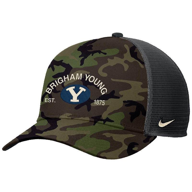Men's Nike Camo BYU Cougars 2025 Military Appreciation Rise Adjustable Trucker Hat