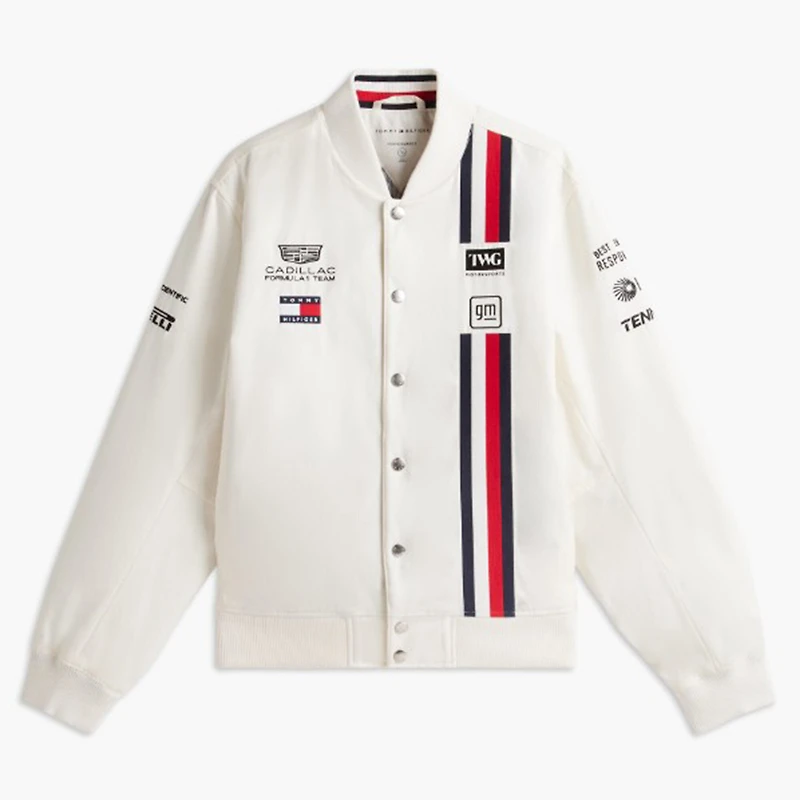 Men's Tommy Hilfiger White Cadillac F1 Team Red, and Blue Full-Snap Replica Jacket