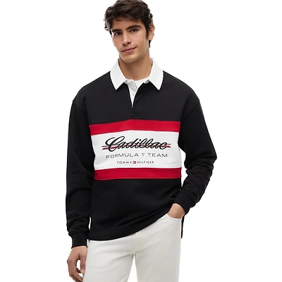 Polo de rugby à manches longues Tommy Hilfiger x Cadillac F1 Team pour homme, colorblock noir, inscription.