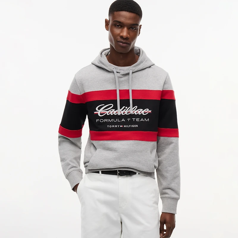 Sweat à capuche Tommy Hilfiger x Cadillac F1 Team rouge rayures colorblock pour homme