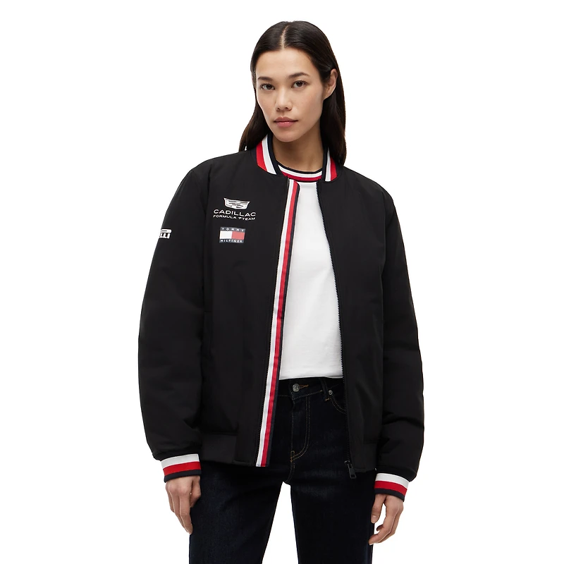 Veste bomber unisexe Tommy Hilfiger x Cadillac F1 Team noire à rayures, fermeture éclair intégrale