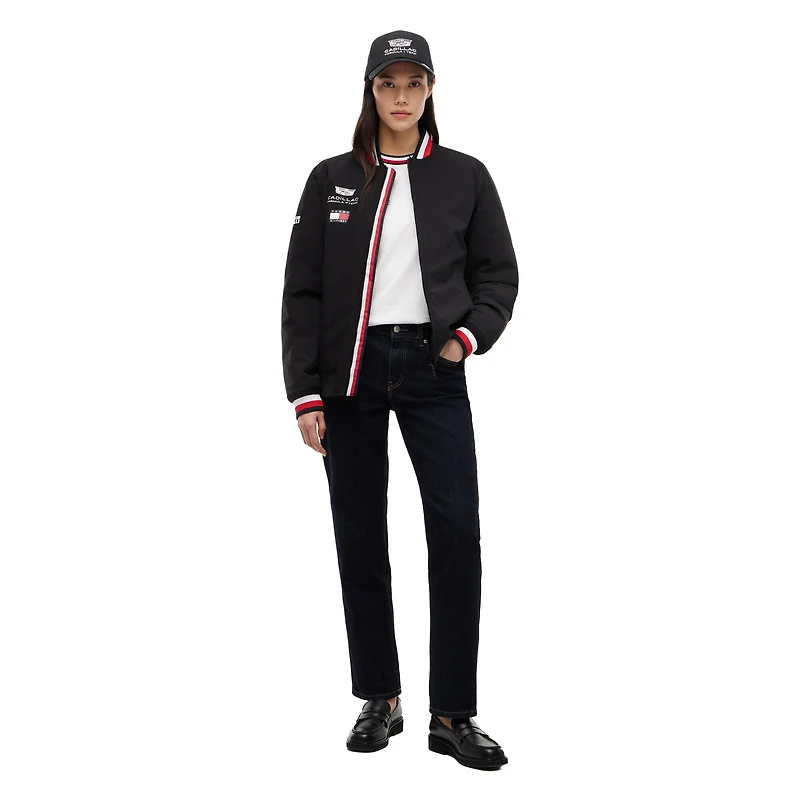 Unisex Tommy Hilfiger x Cadillac F1 Team Black Full-Zip Replica Stripe Bomber Jacket