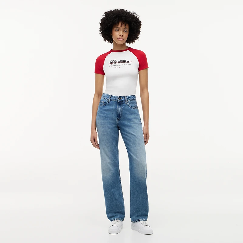 Women's Tommy Hilfiger White Cadillac F1 Team Script Raglan Sleeve T-Shirt