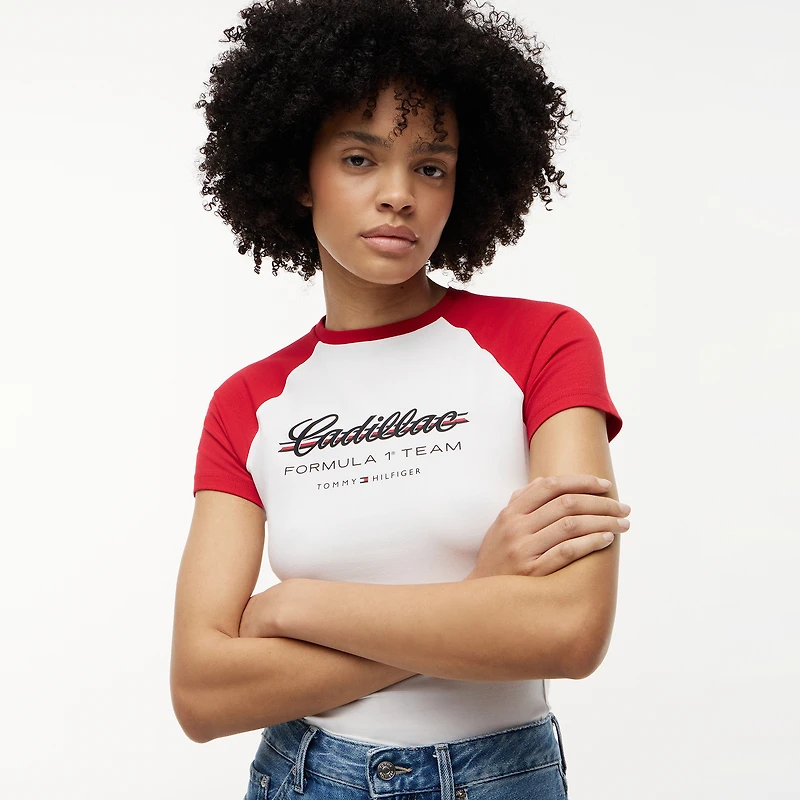 Women's Tommy Hilfiger White Cadillac F1 Team Script Raglan Sleeve T-Shirt
