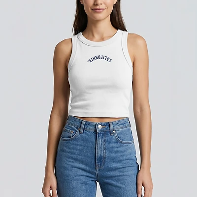 Women's Uscape Apparel White Cal Bears Upside Down Embroidery Ribbed Cropped Tank Top