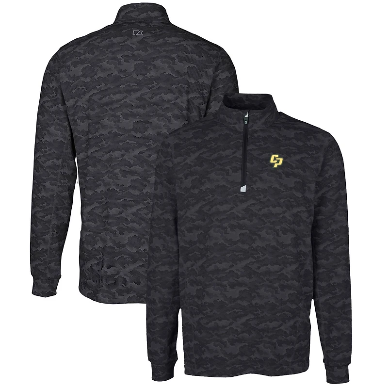 Men's Cutter & Buck Black Cal Poly Mustangs Big Tall Traverse Camo Print Stretch Quarter-Zip Pullover Top