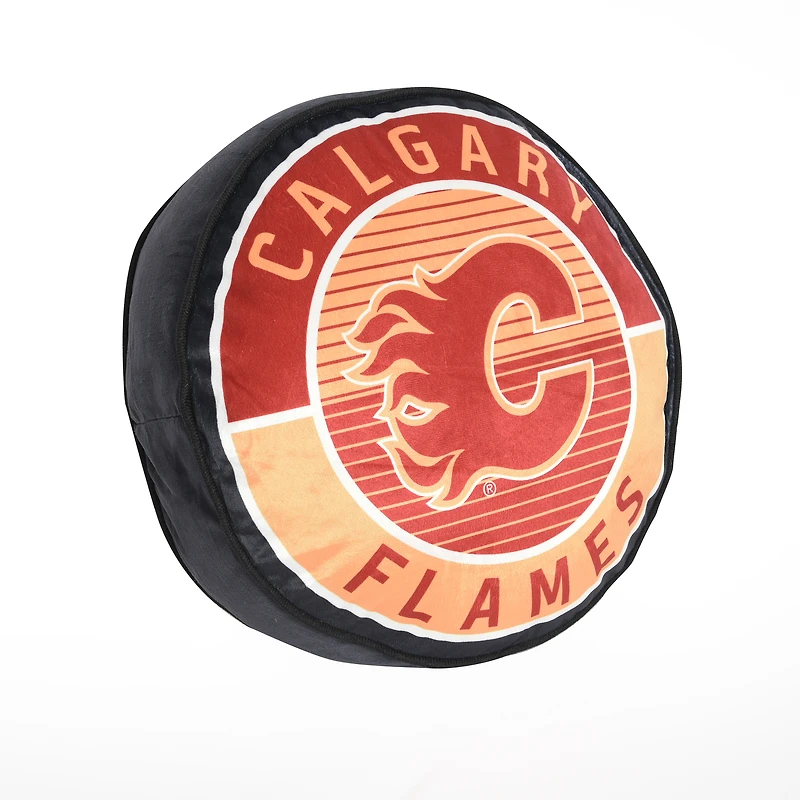 Coussin rond en forme de rondelle de hockey des Flames de Calgary