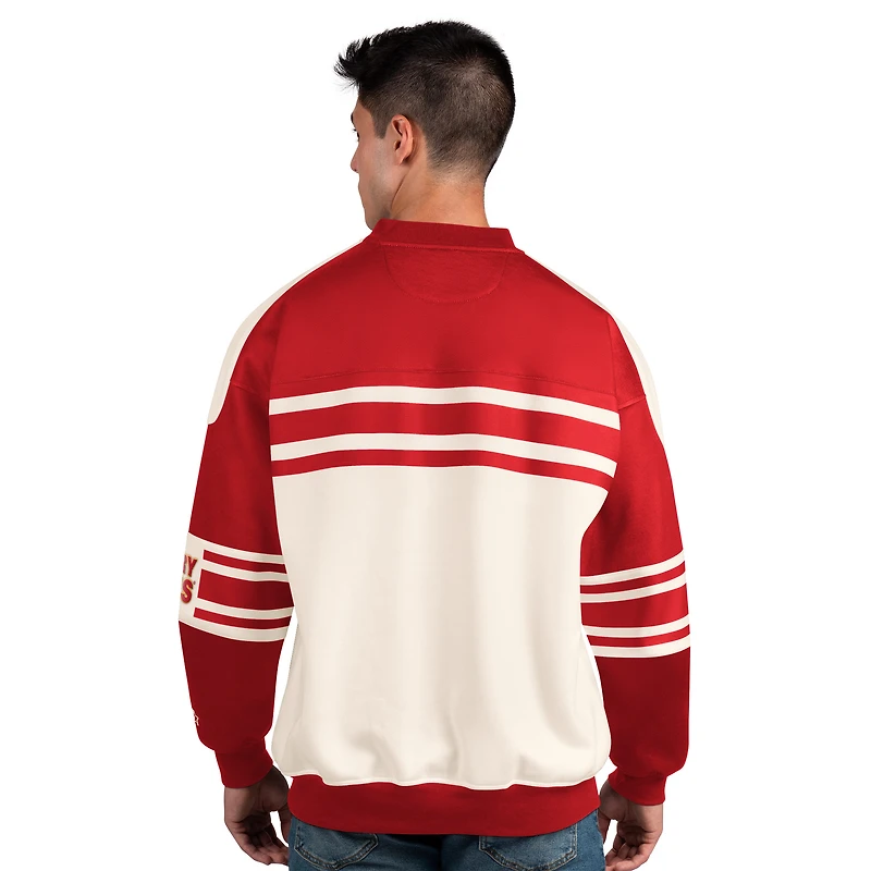 Men's Starter Cream/Red Calgary Flames Defense Fleece Crewneck Pullover Sweatshirt