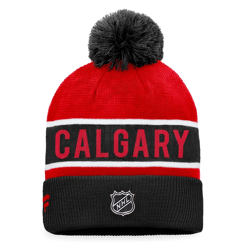 Fanatics pour hommes, noir/rouge, Flames de Calgary, repêchage 2022 de la LNH - Bonnet en tricot à revers professionnel authentique avec pompon
