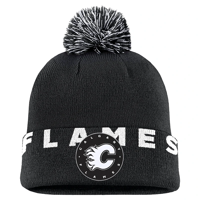 Men's Fanatics Black Calgary Flames High Stick Cuffed Knit Hat with Pom