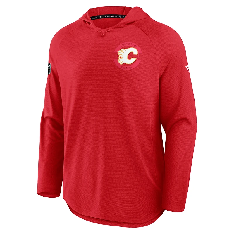Men's Fanatics Heather Red Calgary Flames Authentic Pro Rink Raglan Pullover Hoodie